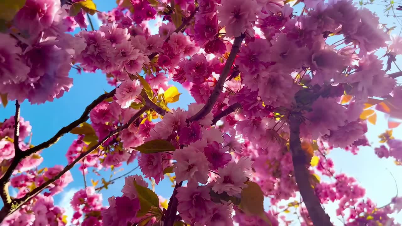 Upward angle video of vibrant pink cherry blossoms against a clear blue sky, capturing spring's