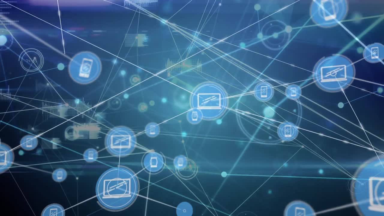 animación de la creciente red de iconos de medios que transfieren datos sobre un fondo azul