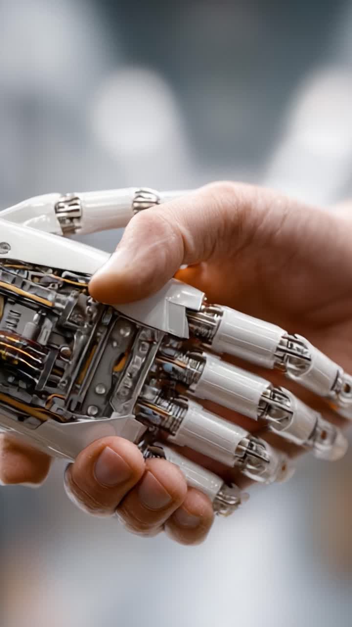 A Close-up View of a Human Hand Interacting with an Intricate Robotic Hand, Showcasing Advanced Technology and Man-Machine Connection