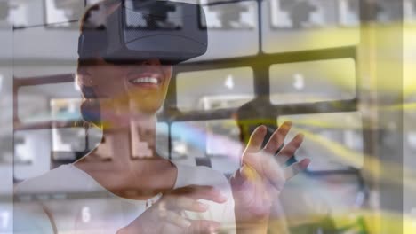 Animation-Von-Frauen,-Die-Ein-VR-Headset-über-Dem-Serverraum-Verwenden