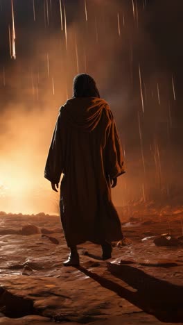 figure walking through rain on rocky terrain at night