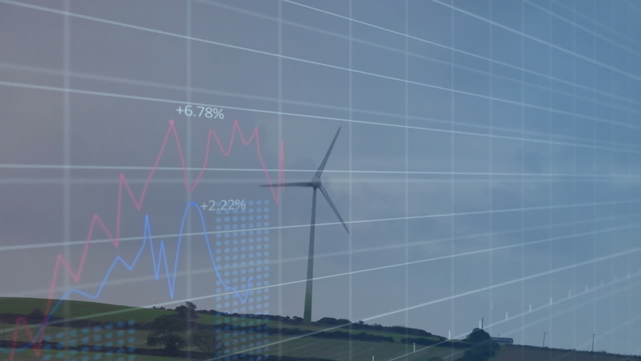 Wind turbine being visualized in illustration, showing translucent grid with colored line charts
