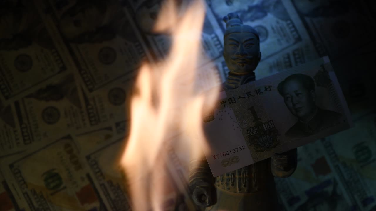 A banknote in denomination of one Chinese yuan and a souvenir figurine of the Chinese warrior famous from the terracotta army of Emperor Qin Shi Huang in Xi'an