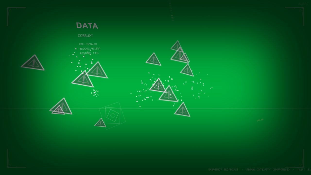 Scan starting warning triangles shifting, breaking into pixels over transparent HUD showing breach