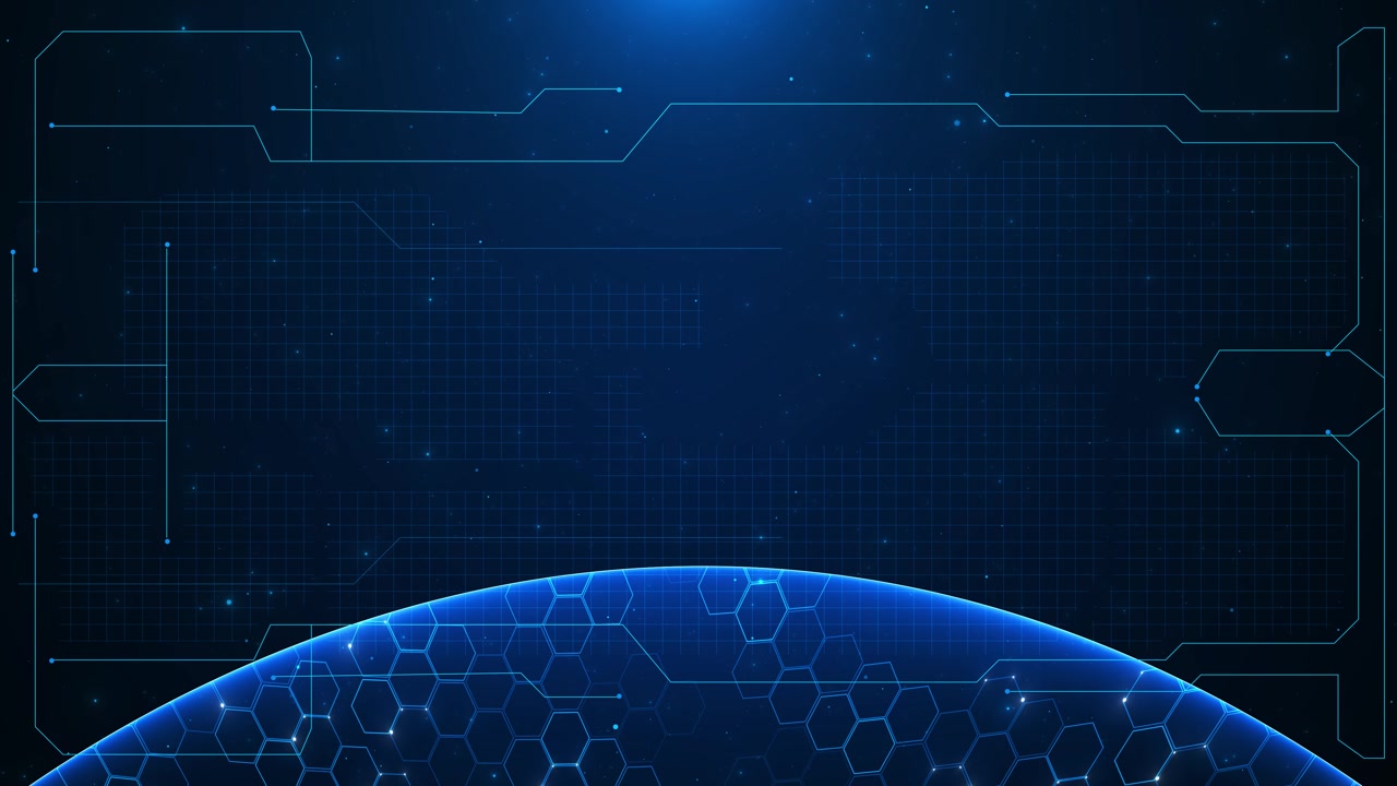 Blue futuristic circuit globe background with hexagon planet curve hud lines grid panels stars and