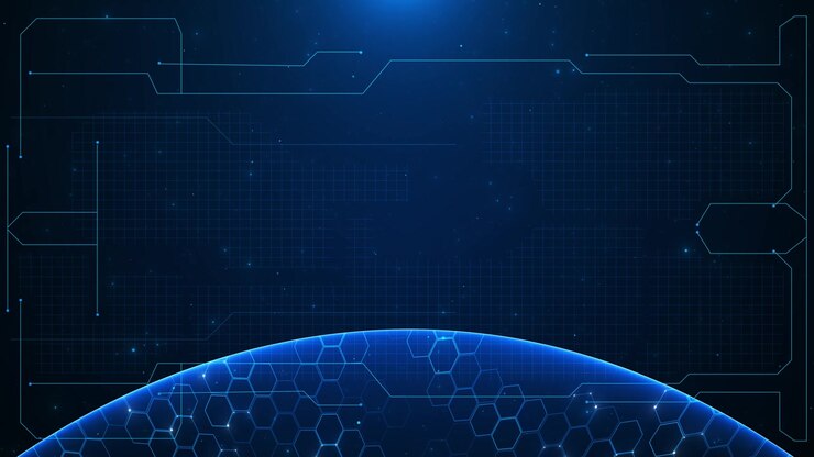 Sfondo blu futuristico con globo a circuito, curva esagonale del pianeta, linee HUD, pannelli a griglia e stelle.