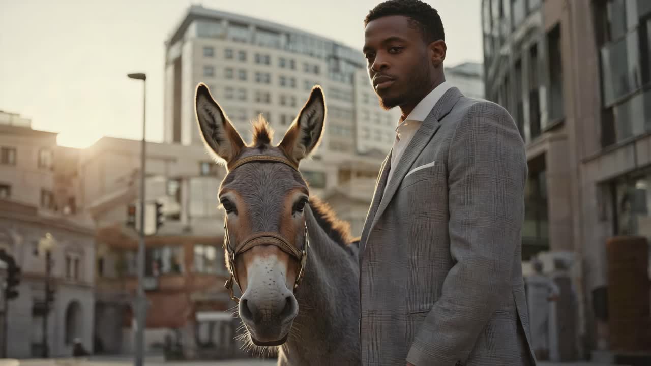 Man and Donkey in the City