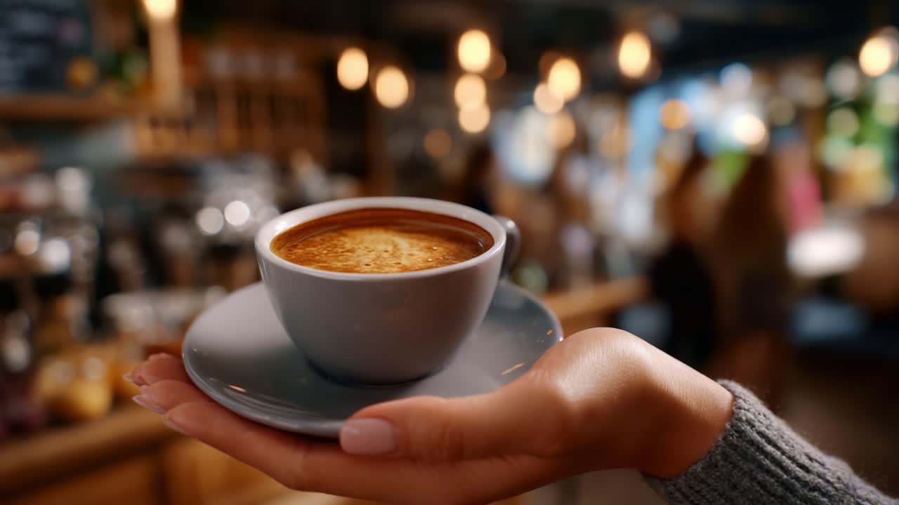 Accattivante primo piano di una mano che tiene in mano una tazza fumante di caffè in un'accogliente caffetteria con atmosfera e sfondo sfocato