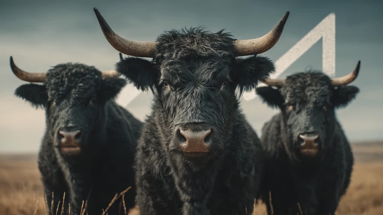 Ein beeindruckendes Trio majestätischer schwarzer Bullen steht prominent auf einer ruhigen Weide und präsentiert unter einem bewölkten Himmel seine kraftvolle Präsenz, die die Essenz ländlicher Ruhe verkörpert.
