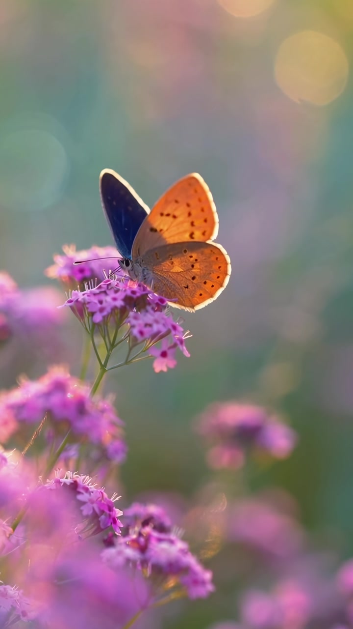 Farfalla arancione posata su fiori viola in un giardino