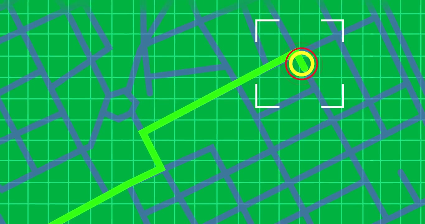 Animazione di un punto di localizzazione luminoso che si muove su una mappa stradale della città su sfondo trasparente