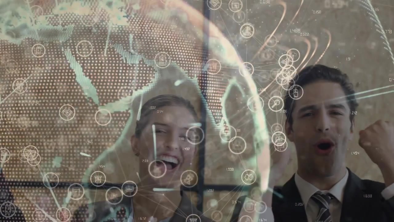 Rotating globe revealing network icons inspiring business professionals clapping celebrating win