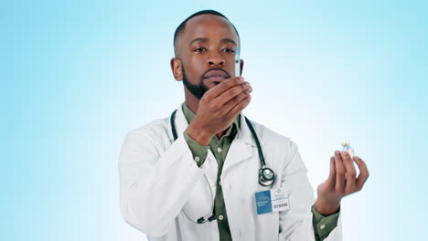 Doctor,-vaccine-injection-and-man-with-bottle