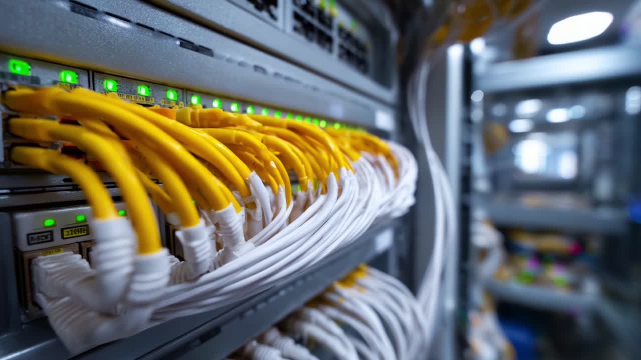 Close-up View of Network Cables and Servers Showcasing Yellow Ethernet Connections and Indicators, Illustrating Efficient Data Transmission and Connectivity