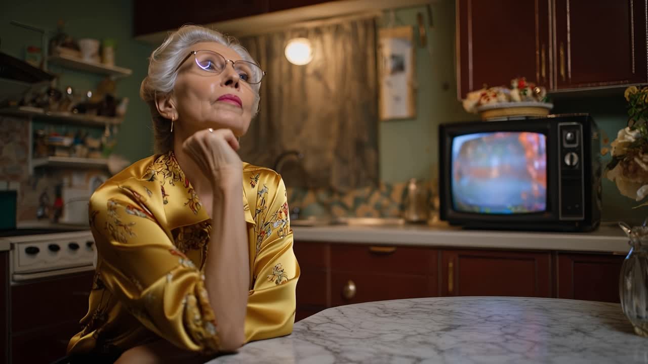 Elderly woman gazes thoughtfully at old television. Her hands rest gently on marble kitchen table. Warm lighting enhances nostalgic, quiet atmosphere. Vintage TV screen shows faint, blurred image