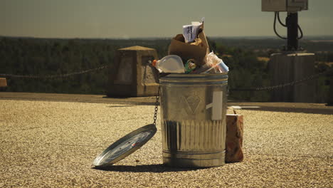 papelera de metal llena de basura afuera en el punto de vista en el parque natural americano