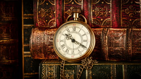 reloj de bolsillo antiguo de época contra el fondo de libros antiguos