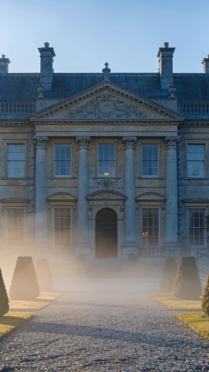 Video verticale: La telecamera si sposta rivelando una villa lungo un sentiero di ghiaia, con la nebbia che si dirada esponendo il frontone.