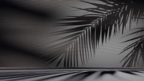 palm leaf shadows on ribbed black wall and floor. minimalist background scene. tropical summer and vacation concept. design for wallpaper, banner, header, poster. front view with copy space