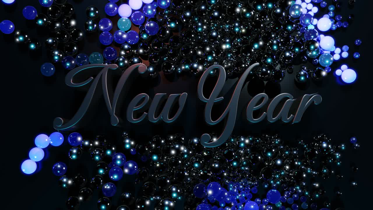 3D New Year's looped background with inscription New Year and garland, balls scattered on plane light up, form beautiful pattern. Waves of shimmer of color and light. Neon light spheres for xmas card.