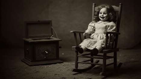 a chilling encounter with a vintage doll captured in two frames: an eerie atmosphere of nostalgia and danger in a dimly lit room