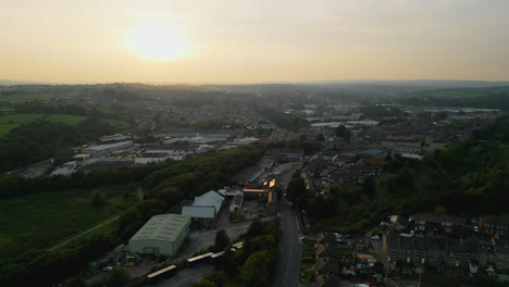 Explore-Heckmondwike,-UK,-via-drone-footage:-industry,-streets,-old-town,-and-Yorkshire's-summer-evening-ambiance