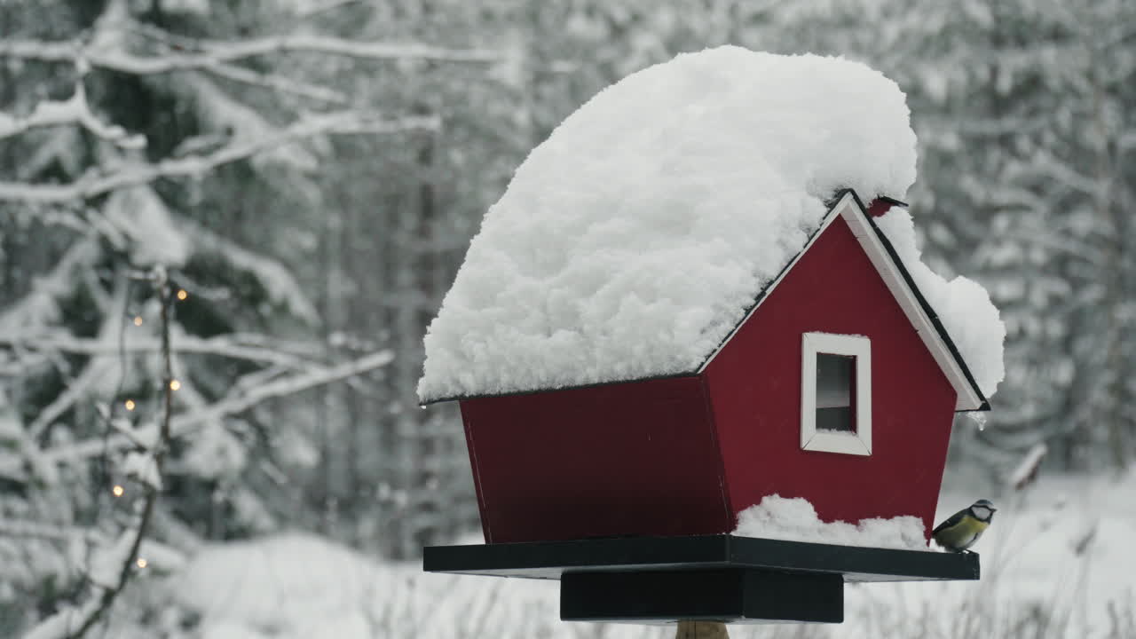 눈 덮인 겨울날 새 모이통에서 먹이를 찾는 호기심 많은 큰 박새