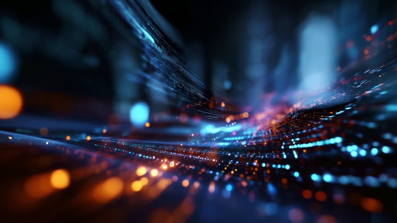Dynamic Flow of Colorful Particles in a Futuristic Digital Space with Vibrant Trails of Light Representing Data Transmission and Connectivity in Modern Technology