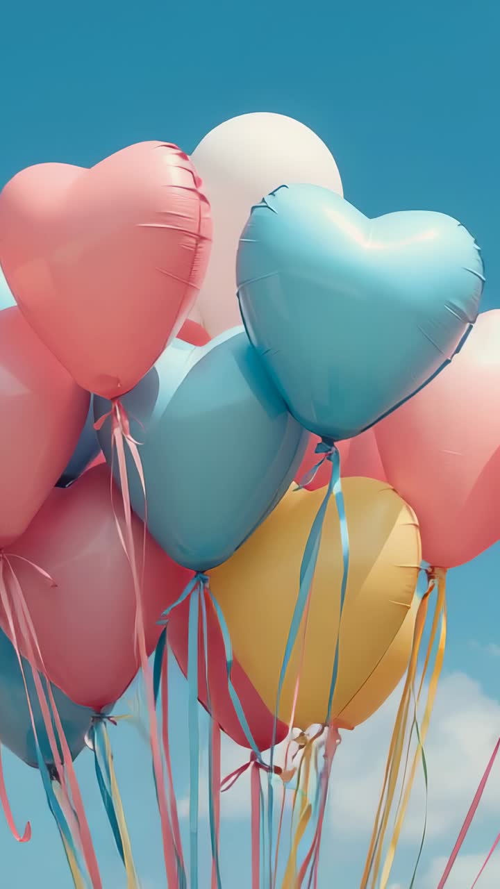 Video verticale: leggera brezza che solleva palloncini a cuore color pastello verso l'alto nel cielo blu, con nastri svolazzanti