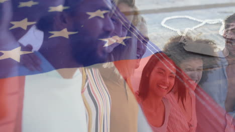 Smiling friends with American flag overlay, diverse group celebrating together