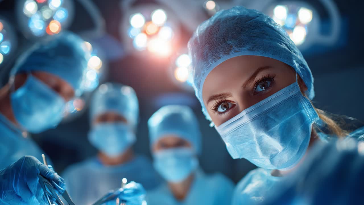 In un ambiente chirurgico sterile, un team medico concentrato collabora a stretto contatto per eseguire un'operazione delicata, dimostrando dedizione, precisione e pratiche sanitarie avanzate