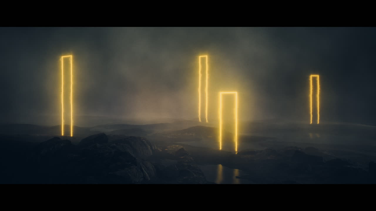 Rocky landscape with huge yellow light portal structures