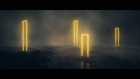 rocky landscape with huge yellow light portal structures