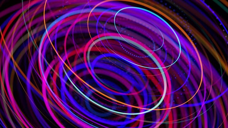 Flusso di luce forma una struttura ad anello. Effetto luce come sfondo astratto in loop con scie luminose, flusso di linee neon multicolori nello spazio che formano anelli. Sfondo di motion design moderno e di tendenza