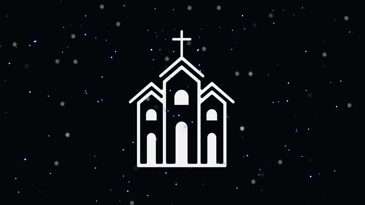 검은색 배경 에 교회 위 에 내리는 눈 의 애니메이션