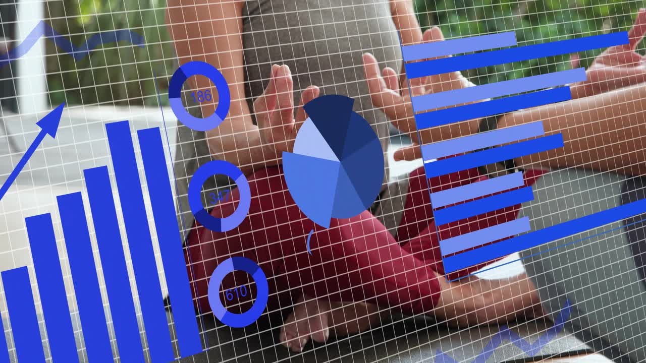 Woman doing fitness routine, starting prayer pose, lifting red weight while blue charts animating