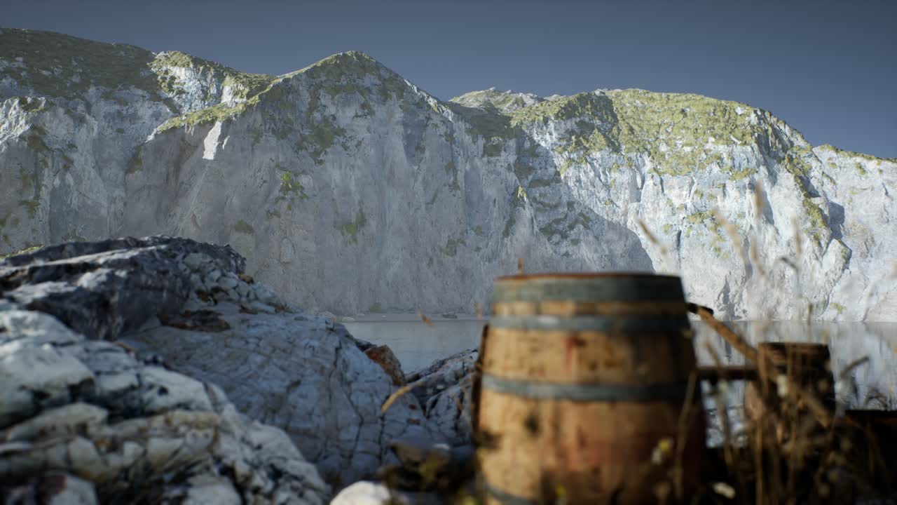 모래 해변 에 바다 물고기 가 있는 나무 통