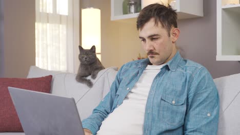 man using laptop and gray cat looking at him.