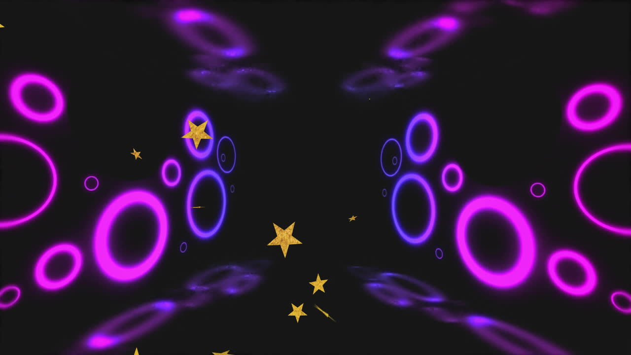 Creating vibrant abstract pattern, glowing purple circles and golden stars animation
