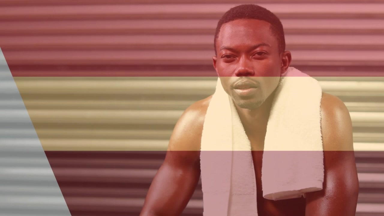 Animazione di linee su un uomo forte afroamericano che riposa in palestra.