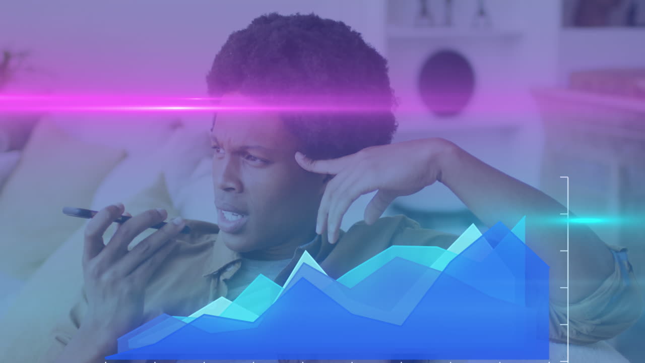 스마트폰을 가진 아프리카계 미국인 남성의 음악 데이터 처리 애니메이션