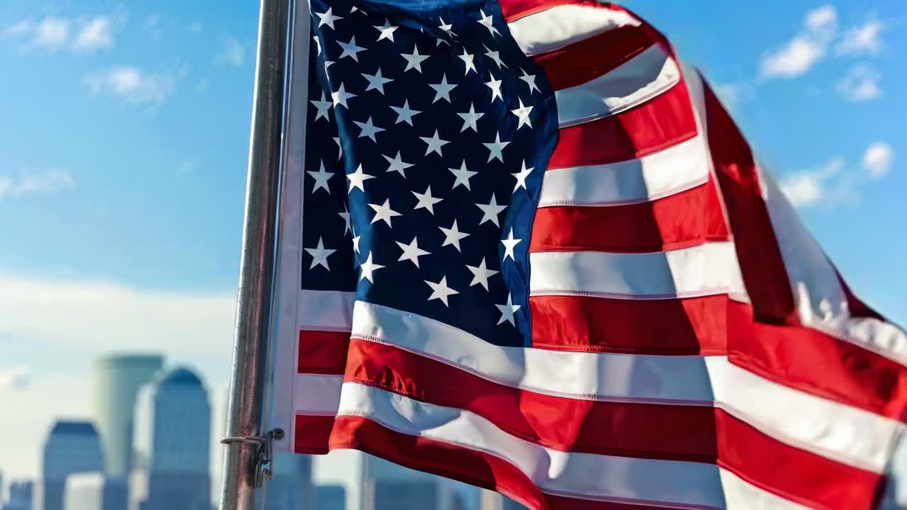 Video ripreso dal basso della bandiera americana che sventola contro un cielo azzurro e limpido, con uno skyline cittadino.