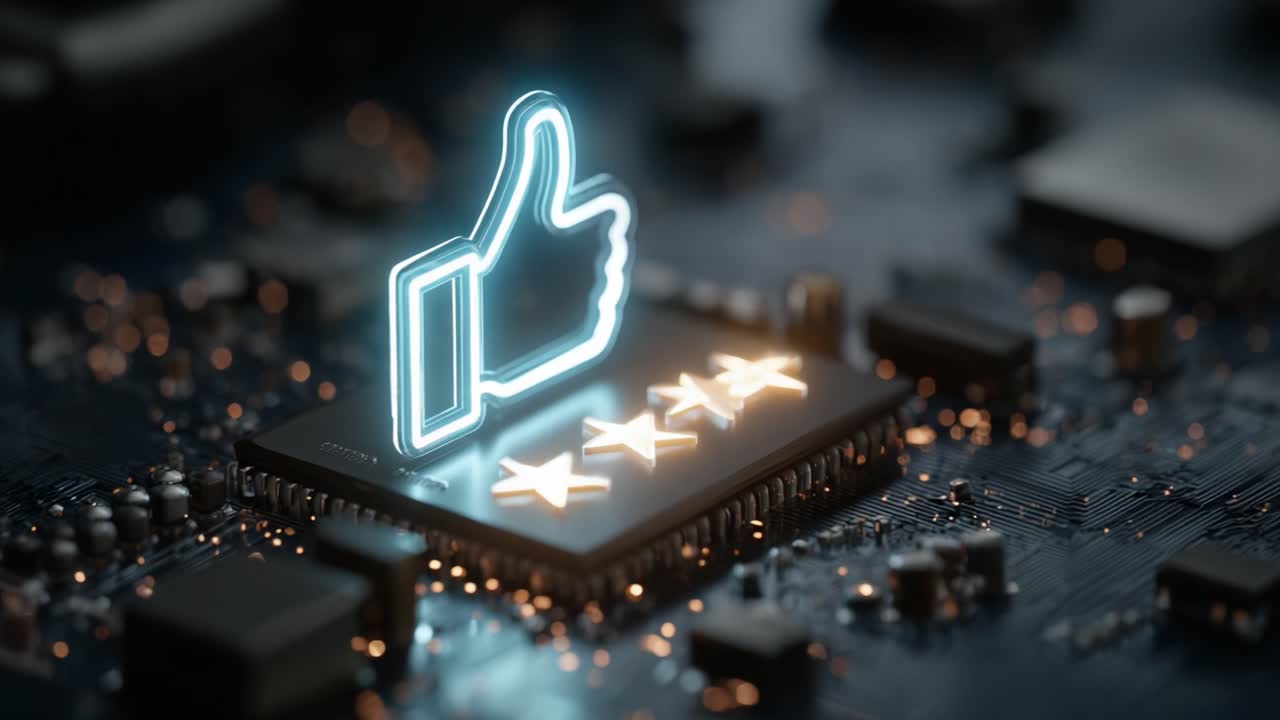 A Glowing Thumbs-Up and Three Stars on a Circuit Board Represents Positive Feedback and Technology in a Digital Age, Symbolizing User Experience and Excellence