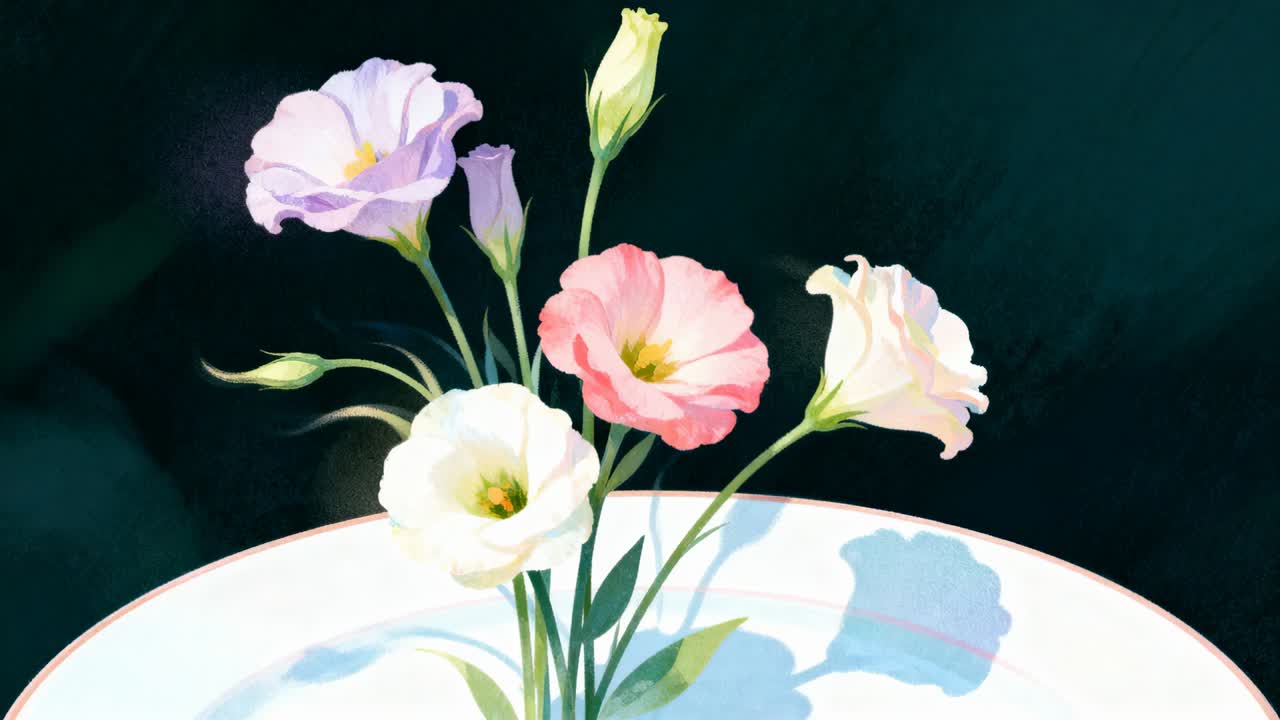 搖曳的洋桔梗花束在桌面淺白色碟子上傾斜花莖，伴隨柔和的陰影