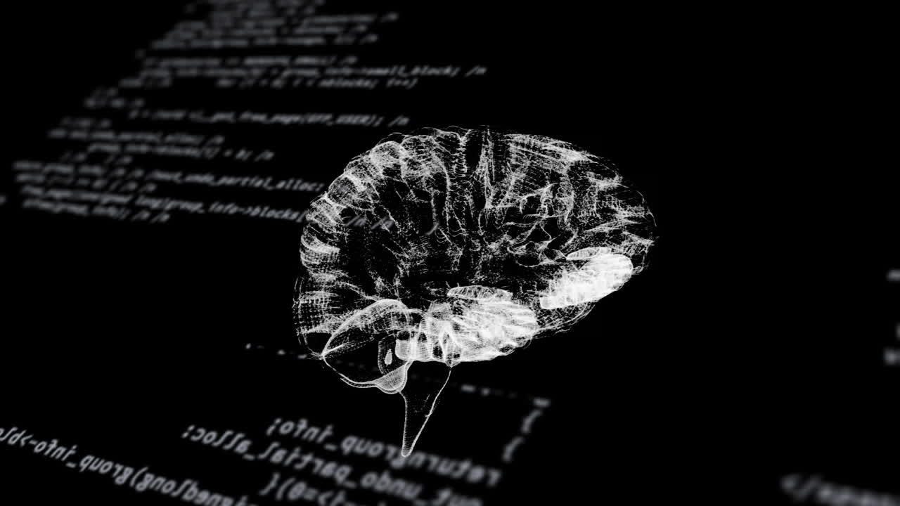 Animation of human brains spinning and data processing on black background