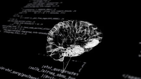 animation of human brains spinning and data processing on black background