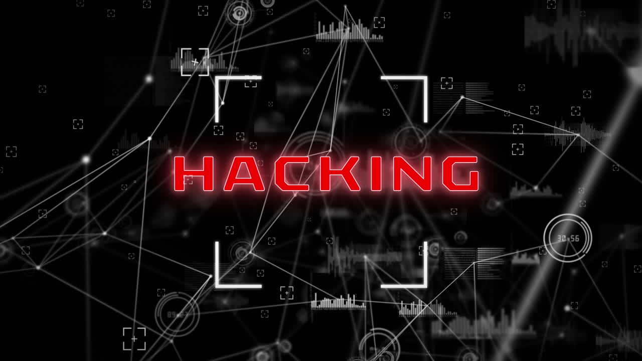 Animation of network of connections and digital interface and hacking text over dark background