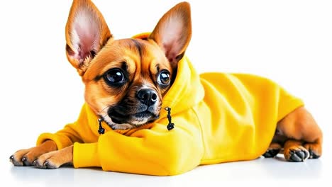 a small chihuahua wearing a yellow hoodie laying down on a white surface