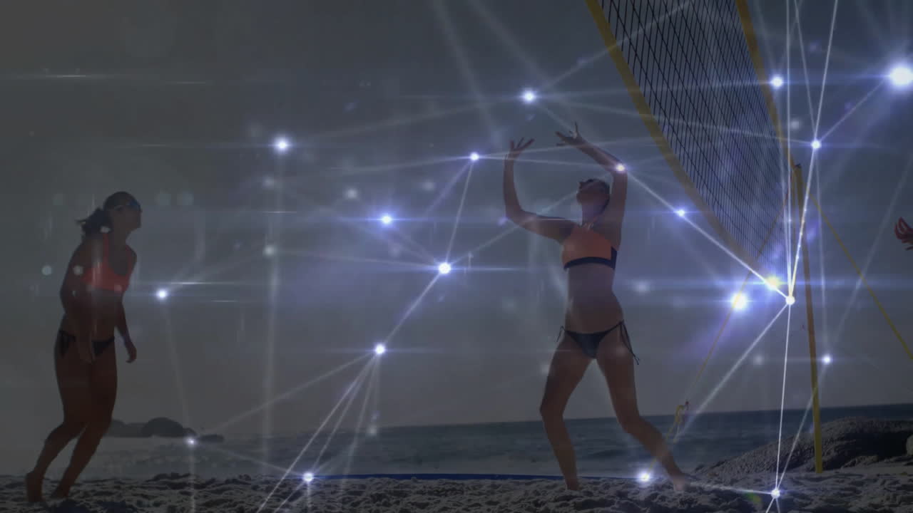 играя в пляжный волейбол, женщины под сетевыми соединениями анимация на пляже