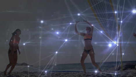 playing beach volleyball, women under network connections animation on beach